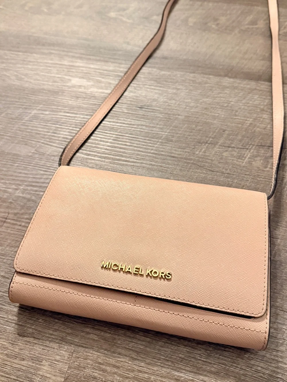 Michael Kors Pink Saffiano Crossbody Wallet with Gold Logo